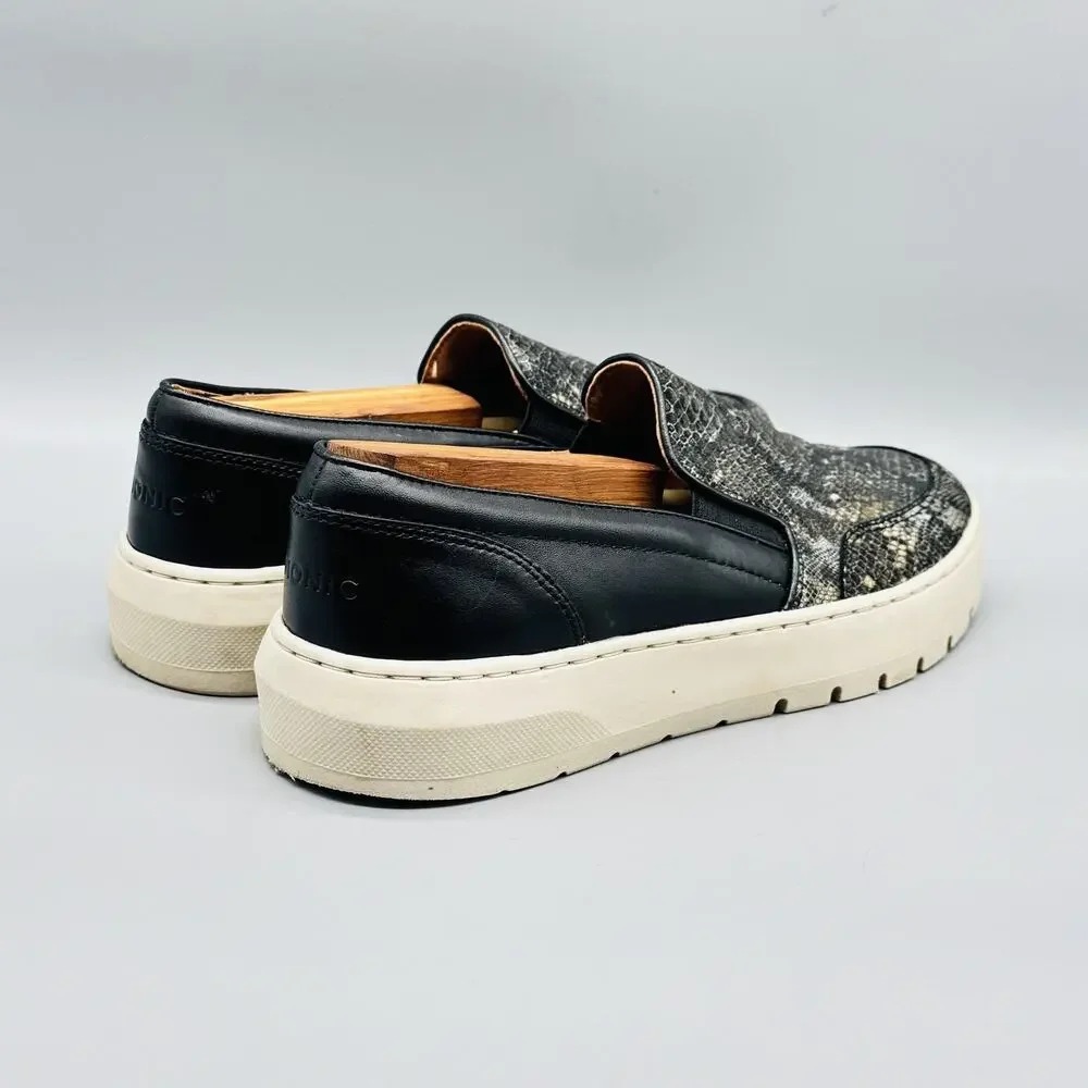 Vionic Shoes Womens 7 Black Leather Snake Print Dinora Boa NBK Slip On Platform